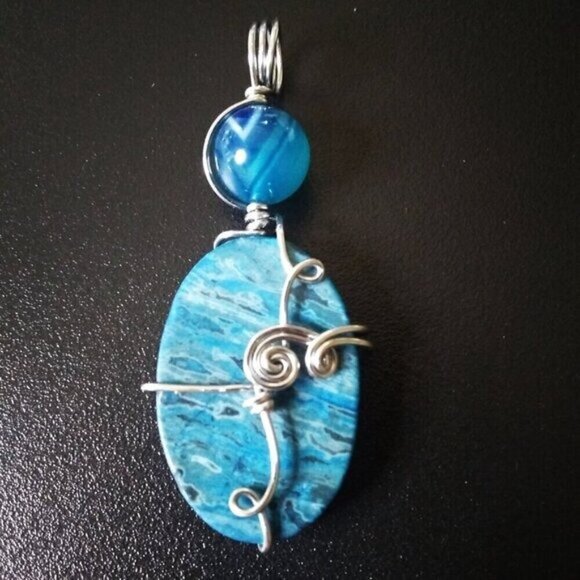 Blue Crazy Lace Agate & Banded Blue Agate ~ Wire Wrapped! Stacked Stone Pendant - Picture 2 of 10